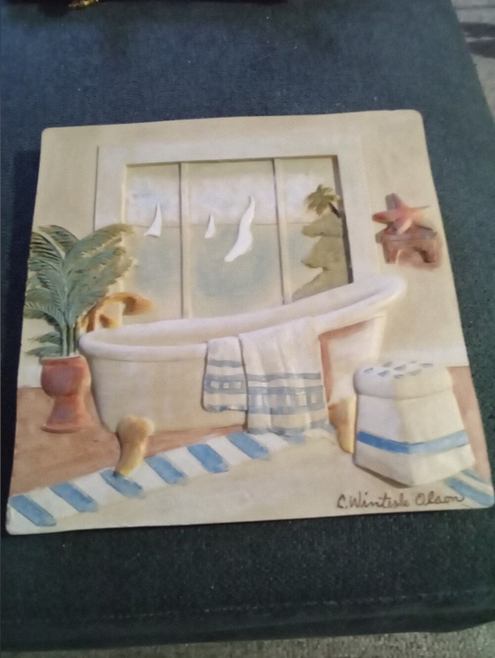 Beach Bath Decorative Tile Plaque in Cream and Blue - Unbranded